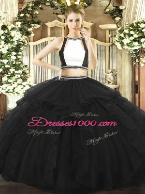 Black Halter Top Backless Ruffled Layers Quinceanera Dresses Sleeveless