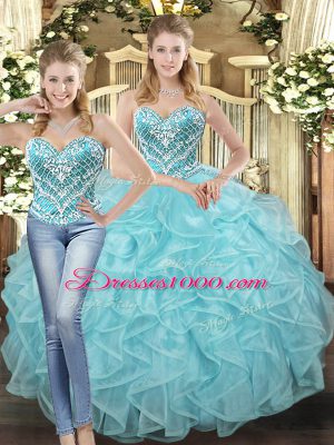 Gorgeous Tulle Sweetheart Sleeveless Lace Up Beading and Ruffles Sweet 16 Dresses in Baby Blue