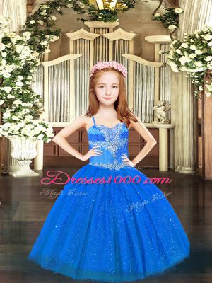 Blue Lace Up Juniors Party Dress Beading Sleeveless Floor Length