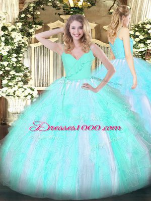 Spectacular Aqua Blue Ball Gowns Organza Spaghetti Straps Sleeveless Ruffles Floor Length Zipper Quinceanera Dresses