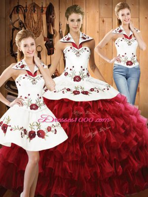 Wine Red Sleeveless Embroidery and Ruffled Layers Floor Length Quinceanera Gown