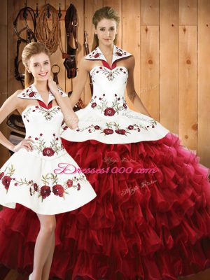 Wine Red Sleeveless Embroidery and Ruffled Layers Floor Length Quinceanera Gown