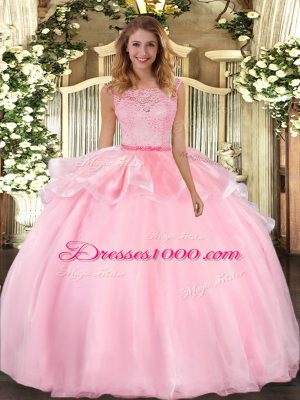 Lovely Pink Ball Gowns Lace 15th Birthday Dress Clasp Handle Organza Sleeveless Floor Length