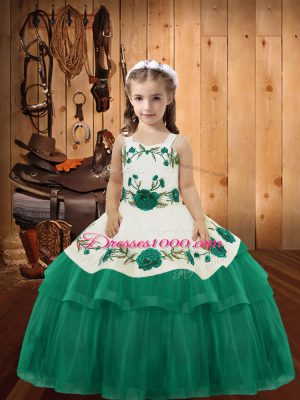 Turquoise Ball Gowns Organza Straps Sleeveless Embroidery and Ruffled Layers Floor Length Lace Up Kids Pageant Dress