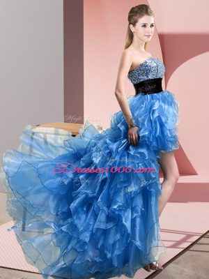 Baby Blue Organza Lace Up Sweetheart Sleeveless High Low Evening Dress Beading and Ruffles