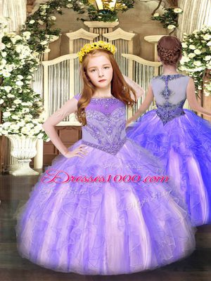 Sleeveless Floor Length Beading and Ruffles Zipper Little Girls Pageant Gowns with Lavender