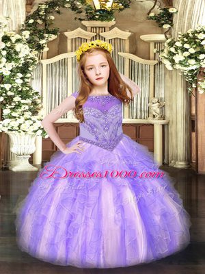 Sleeveless Floor Length Beading and Ruffles Zipper Little Girls Pageant Gowns with Lavender