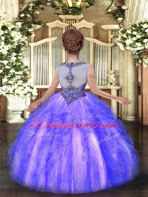 Sleeveless Floor Length Beading and Ruffles Zipper Little Girls Pageant Gowns with Lavender