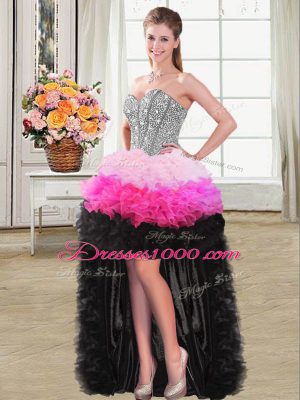 Best Sleeveless Lace Up High Low Beading and Ruffles Prom Gown