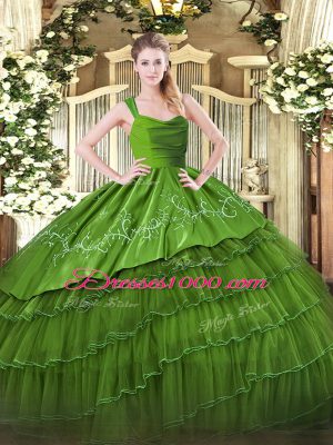 Floor Length Zipper Quinceanera Gown Olive Green for Military Ball and Sweet 16 with Ruffled Layers