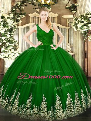 Nice Floor Length Zipper Quinceanera Gown Green for Sweet 16 and Quinceanera with Beading and Appliques