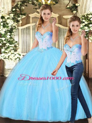 Decent Baby Blue Lace Up Quinceanera Gowns Beading Sleeveless Floor Length