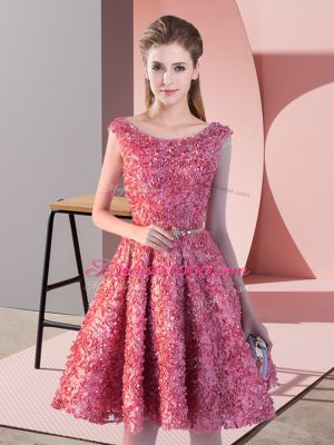 Custom Designed Knee Length Coral Red Scoop Sleeveless Lace Up