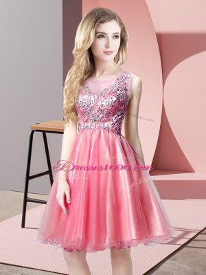 Trendy Knee Length Zipper Prom Gown Watermelon Red for Prom and Party with Beading