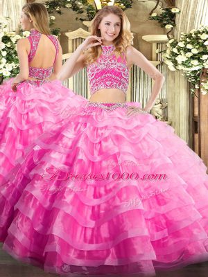 Romantic Rose Pink Two Pieces Beading and Ruffled Layers Quinceanera Gown Backless Tulle Sleeveless Floor Length