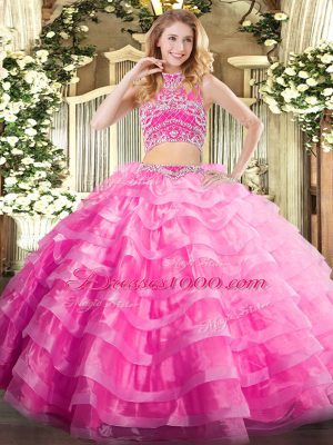 Romantic Rose Pink Two Pieces Beading and Ruffled Layers Quinceanera Gown Backless Tulle Sleeveless Floor Length