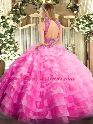 Romantic Rose Pink Two Pieces Beading and Ruffled Layers Quinceanera Gown Backless Tulle Sleeveless Floor Length