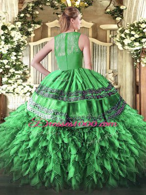 Sleeveless Floor Length Beading and Lace and Ruffles Zipper Sweet 16 Dress with Olive Green