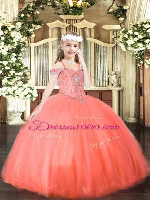 Cheap Coral Red Ball Gowns Tulle Off The Shoulder Sleeveless Beading Floor Length Lace Up Little Girls Pageant Dress Wholesale
