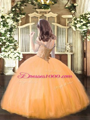 Cheap Coral Red Ball Gowns Tulle Off The Shoulder Sleeveless Beading Floor Length Lace Up Little Girls Pageant Dress Wholesale