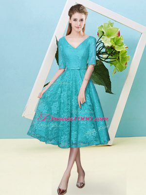 Elegant Teal Empire Lace V-neck Half Sleeves Bowknot Tea Length Lace Up Bridesmaid Gown