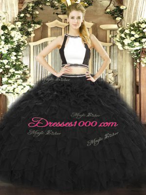 Black Tulle Backless Halter Top Sleeveless Floor Length Quinceanera Dress Ruffles