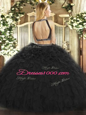 Black Tulle Backless Halter Top Sleeveless Floor Length Quinceanera Dress Ruffles