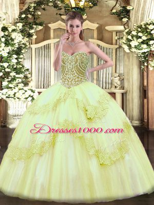Yellow Green Sleeveless Tulle Lace Up Quinceanera Gowns for Military Ball and Sweet 16 and Quinceanera