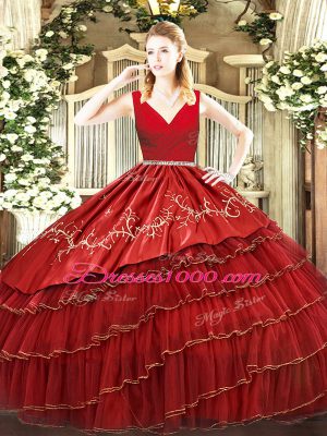 Sleeveless Organza Floor Length Zipper Quinceanera Dress in Wine Red with Embroidery and Ruffled Layers