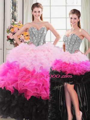 Multi-color Lace Up Sweetheart Beading and Ruffles 15th Birthday Dress Organza Sleeveless