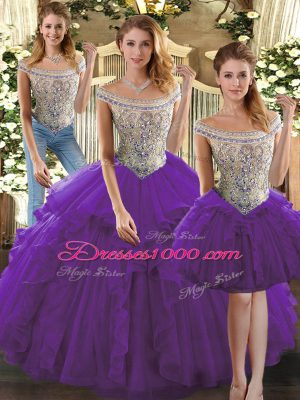 Floor Length Lace Up Sweet 16 Quinceanera Dress Purple for Military Ball and Sweet 16 and Quinceanera with Beading and Ruffles