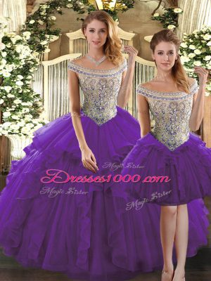 Floor Length Lace Up Sweet 16 Quinceanera Dress Purple for Military Ball and Sweet 16 and Quinceanera with Beading and Ruffles