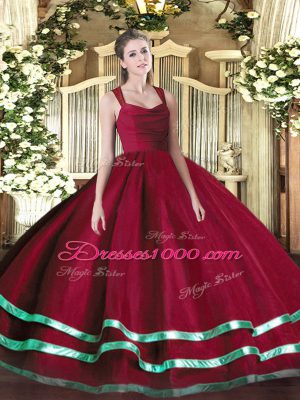 Wine Red Ball Gowns Straps Sleeveless Organza Floor Length Zipper Ruffled Layers and Ruching Quinceanera Gown