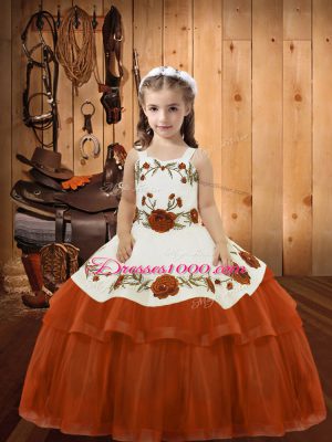 Rust Red Lace Up Little Girls Pageant Gowns Embroidery and Ruffled Layers Sleeveless Floor Length