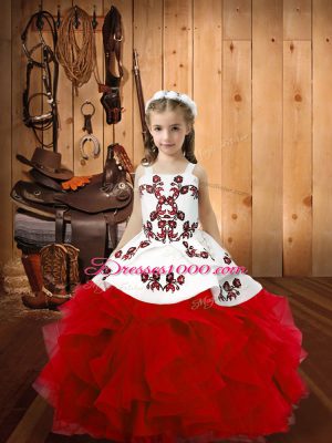 Customized Straps Sleeveless Little Girls Pageant Gowns Floor Length Embroidery and Ruffles Red Organza