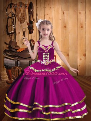 Cheap Floor Length Lace Up Kids Pageant Dress Fuchsia for Sweet 16 and Quinceanera and Wedding Party with Embroidery and Ruffled Layers