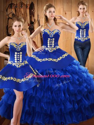 Blue Tulle Lace Up Sweetheart Sleeveless Floor Length Sweet 16 Dress Embroidery and Ruffled Layers