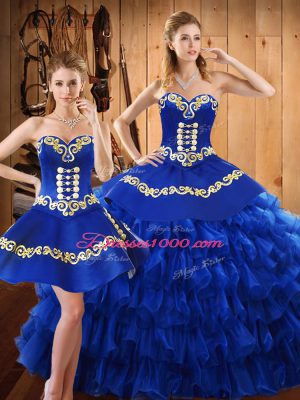 Blue Tulle Lace Up Sweetheart Sleeveless Floor Length Sweet 16 Dress Embroidery and Ruffled Layers