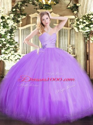 Spectacular Floor Length Lace Up Sweet 16 Dresses Lavender for Military Ball and Sweet 16 and Quinceanera with Beading