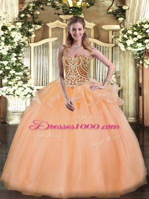 Peach Sweetheart Lace Up Beading and Ruffles 15th Birthday Dress Sleeveless