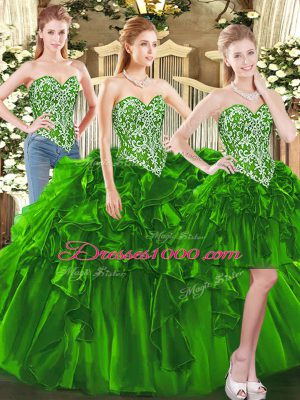 Floor Length Lace Up Quinceanera Gown Dark Green for Military Ball and Sweet 16 and Quinceanera with Beading and Ruffles