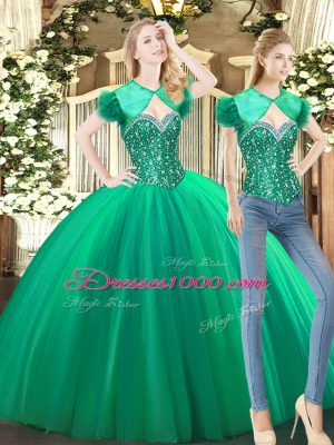 Fashionable Tulle Sweetheart Sleeveless Lace Up Beading 15th Birthday Dress in Green