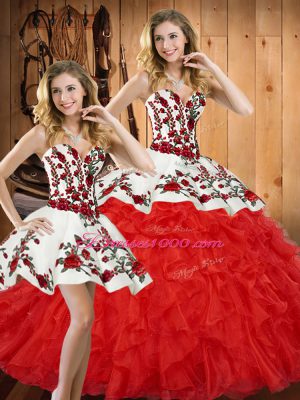 Fine Tulle Sweetheart Sleeveless Lace Up Embroidery and Ruffles Quinceanera Gowns in Red