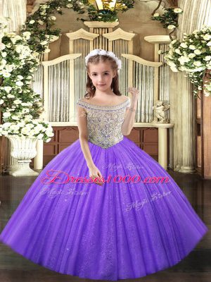 Attractive Lavender Child Pageant Dress Party and Sweet 16 and Quinceanera and Wedding Party with Beading Straps Sleeveless Lace Up