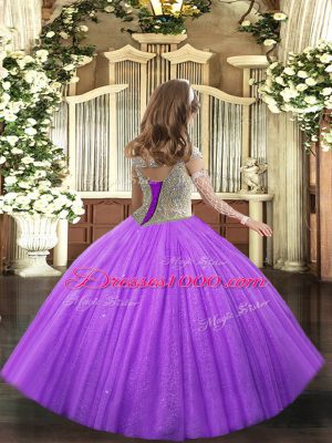Attractive Lavender Child Pageant Dress Party and Sweet 16 and Quinceanera and Wedding Party with Beading Straps Sleeveless Lace Up