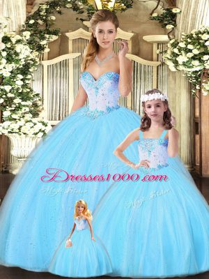 Discount Aqua Blue Sweet 16 Quinceanera Dress Military Ball and Sweet 16 and Quinceanera with Beading Sweetheart Sleeveless Lace Up