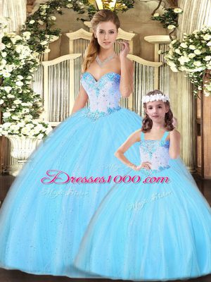 Discount Aqua Blue Sweet 16 Quinceanera Dress Military Ball and Sweet 16 and Quinceanera with Beading Sweetheart Sleeveless Lace Up
