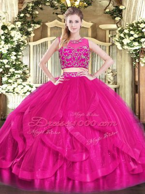 Pretty Scoop Sleeveless Quinceanera Dresses Floor Length Beading and Ruffles Hot Pink Tulle