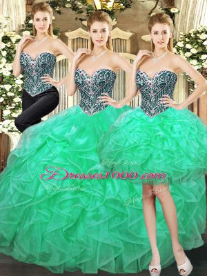 Latest Turquoise Tulle Lace Up Vestidos de Quinceanera Sleeveless Floor Length Beading and Ruffles