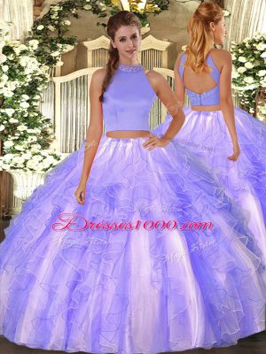 Eye-catching Lavender Backless Halter Top Beading and Ruffles Quinceanera Dresses Organza Sleeveless